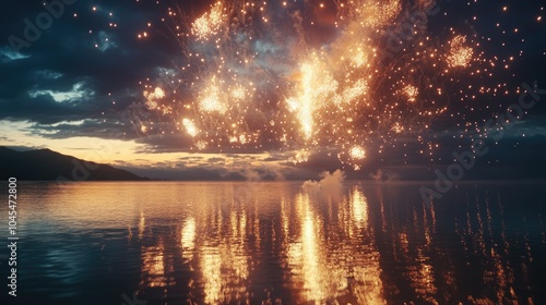 Stunning fireworks burst in the sky over a calm lake, no people, with copy space