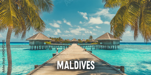 Fototapeta Naklejka Na Ścianę i Meble -  Wooden footbridge leading to luxury overwater bungalows in the maldives