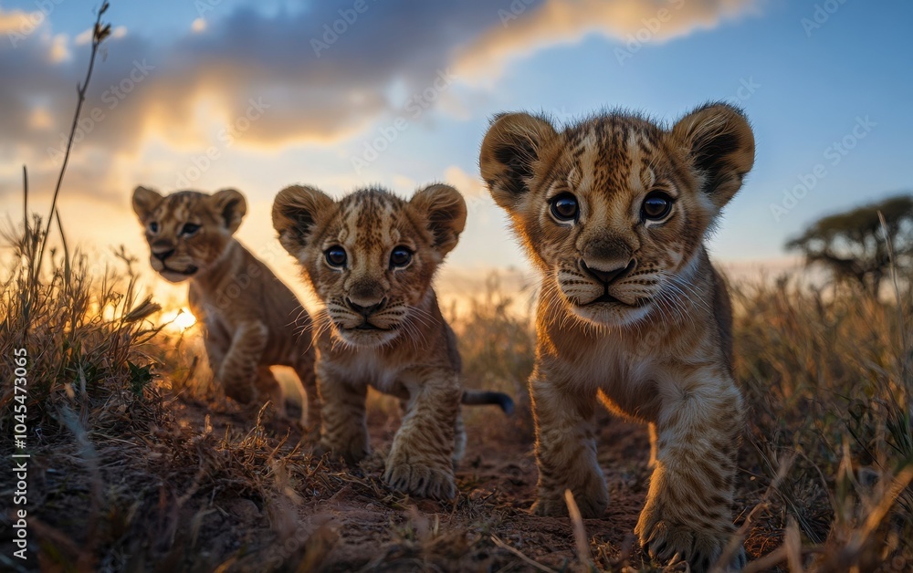 Obraz premium A stunning wildlife photography composition of lion cubs evolving from 3 to 9 months old, showcasing their growth and interaction in a vibrant savannah landscape
