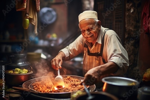 Pakistani elderly cooking south asian food adult street food. photo