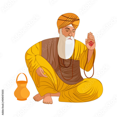 Vector illustration of sitting Guru Nanak portrait on transparent background