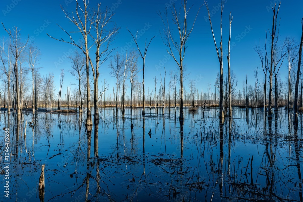 A panoramic view of a flooded forest with bare trees reflected in the still blue water. A panoramic view of a flooded forest with bare trees reflected in the still blue water.