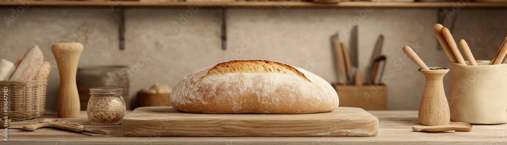 Sourdough loaf with a deep, crackly crust resting on a wooden board, surrounded by baking tools in a rustic bakery Sourdough loaf with a deep, crackly crust resting on a wooden board, surrounded by baking tools in a rustic bakery