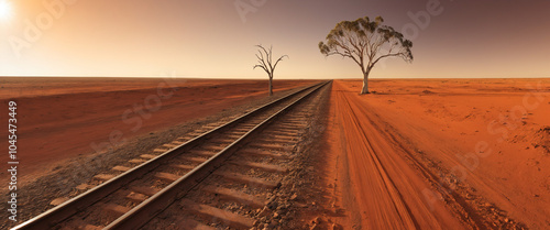 A vast expanse of red earth stretches out as far as the eye can see, a solitary train chugs along the worn tracks of the Oodnadatta Track in the remote Australian outback. photo