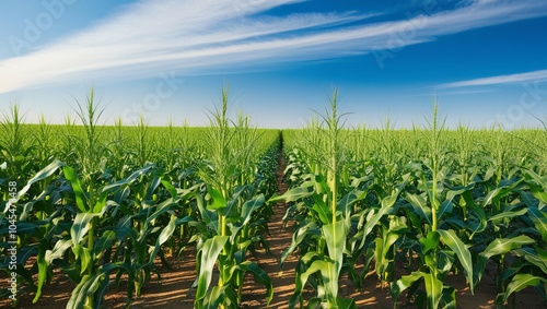 A large field filled with tall green corn stalks, perfectly lined in neat rows, under a bright blue summer sky.