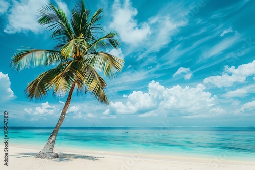 Coconut palm tree on a sandy beach with turquoise water