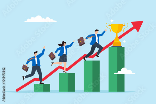 Flat illustration of business people run up graph to trophy symbolizing teamwork and achievement towards business goals