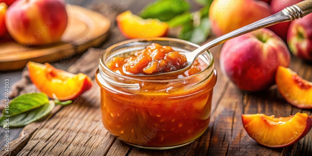 Homemade Peach Jam in a Glass Jar with a Spoon Scooping Out the Sweet and Fruity Contents Homemade Peach Jam in a Glass Jar with a Spoon Scooping Out the Sweet and Fruity Contents