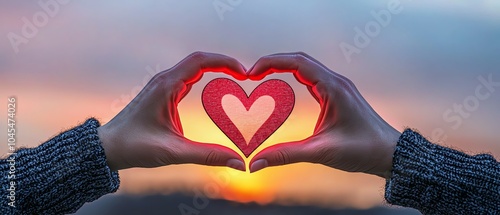 A pair of hands forms a heart shape against a beautiful sunset, symbolizing love and connection.
