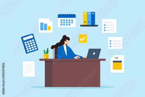 Flat illustration of businesswoman accountant manages invoices in office illustrating finance and accounting tasks
