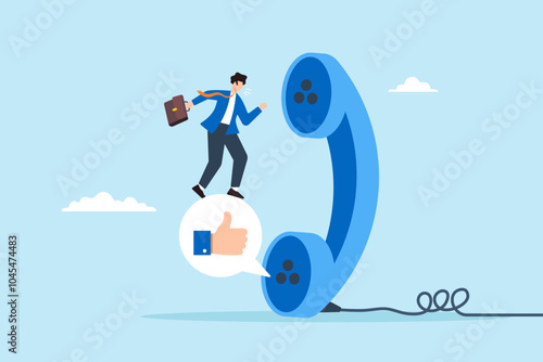Flat illustration of sales agent entrepreneur talks on telephone call and stand on thumbs up feedback promoting to clients and generating leads or prospect