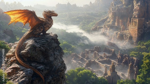 Fierce Wyvern Overlooking Misty Valley with Ancient Ruins