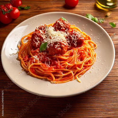 A delicious plate of al dente spaghetti topped with homemade tomato sauce and juicy meatballs, generously sprinkled with grated Parmesan cheese