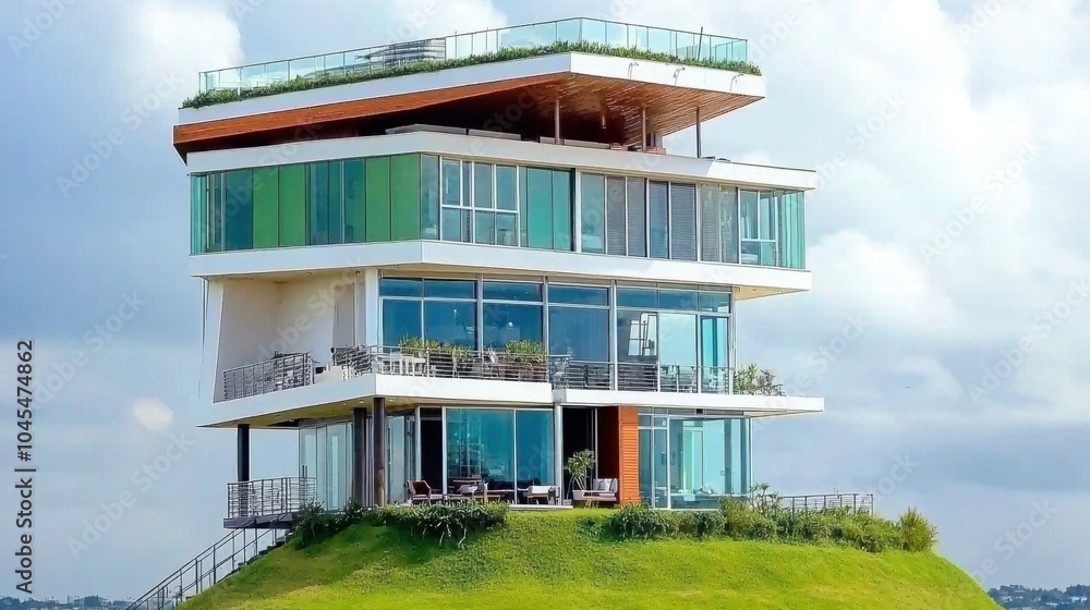 Striking Modern Highrise Building with Glass Exterior and Balconies Overlooking City Skyline Striking Modern Highrise Building with Glass Exterior and Balconies Overlooking City Skyline