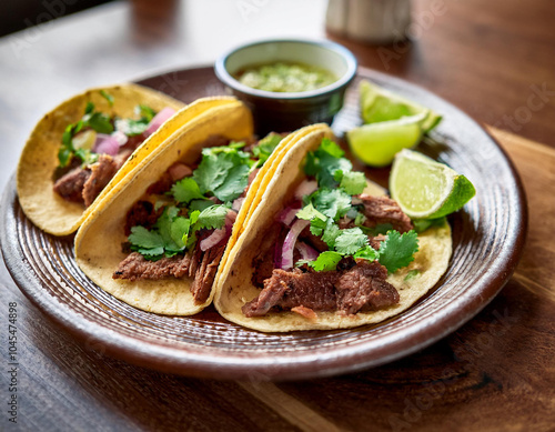 Tacos filled with grilled carne asada, topped with fresh cilantro, diced onions, and a drizzle of green salsa, all served on soft corn tortillas photo