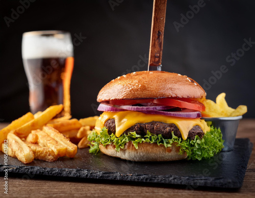 A gourmet burger featuring a juicy beef patty topped with melted cheddar cheese, crisp lettuce, slices of tomato, and red onion, all nestled in a soft bun photo