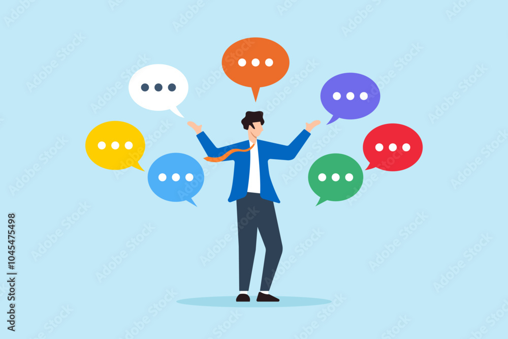 Flat illustration of businessman talks confidently with multiple speech bubbles showcasing verbal communication skills Flat illustration of businessman talks confidently with multiple speech bubbles showcasing verbal communication skills