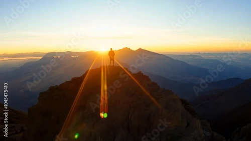 Sunset on a mountain peak with a person in the foreground
