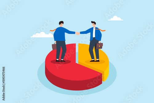 Flat illustration of businessman shakes hands on pie chart representing partnerships and sharing profits in merger