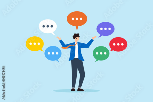 Flat illustration of businessman talks confidently with multiple speech bubbles showcasing verbal communication skills