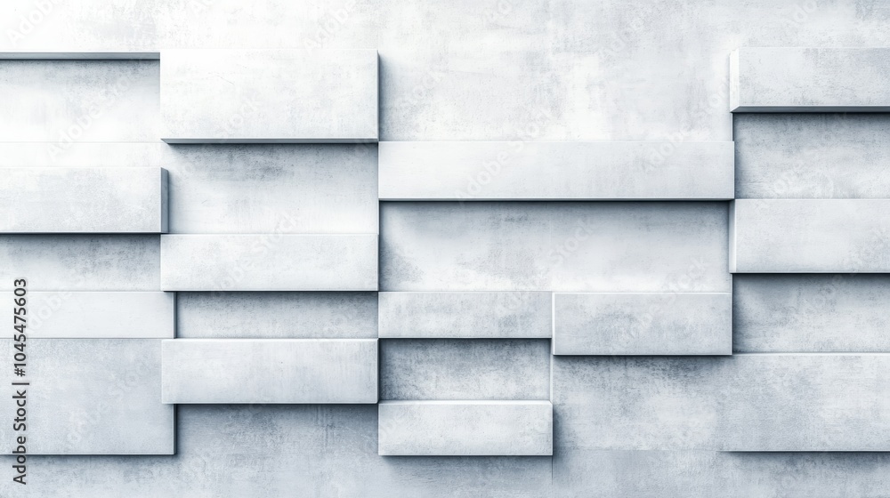 Naklejka premium A textured wall featuring layered, rectangular panels in varying sizes, creating a modern, minimalist aesthetic in soft gray tones.