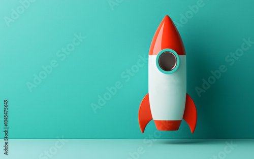 Rocket launch, teal background, modern design, innovation