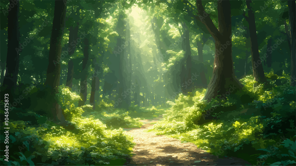 Obraz premium Sunlight streaming through trees illuminating a path in a vibrant green forest, vector