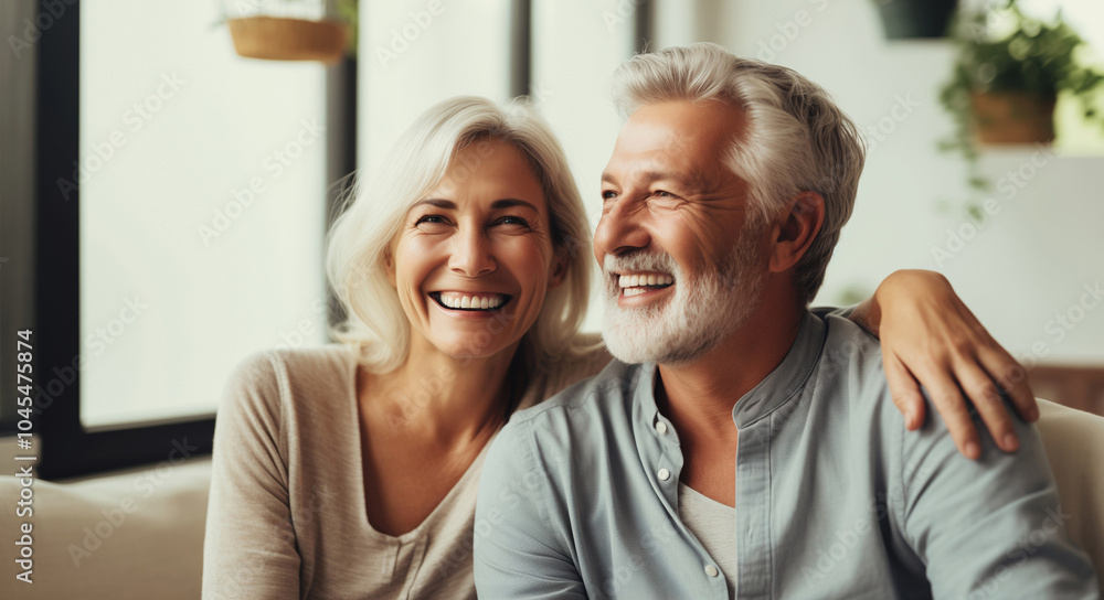 Happy smiling mature couple hugging, elderly woman and man sitting on sofa at home together Happy smiling mature couple hugging, elderly woman and man sitting on sofa at home together