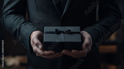 A man in a black business suit holds a black gift box on a dark background. An advertising poster with a place for the text. Sale, Black Friday