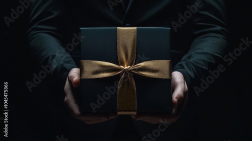A man in a black business suit holds a black gift box on a dark background. An advertising poster with a place for the text. Sale, Black Friday