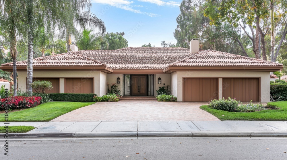 Elegant Mediterranean Style Villa with Lush Landscaping and Driveway Elegant Mediterranean Style Villa with Lush Landscaping and Driveway