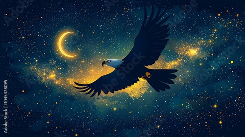 Majestic Eagle Silhouette with Starry Night Sky and Crescent Moon photo