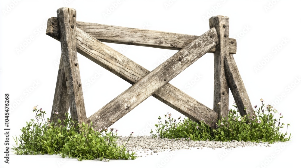 Obraz premium Weathered Wooden Fence in Countryside Landscape with Green Foliage