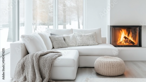 White corner sofa near fireplace. Scandinavian home interior design of modern living room.