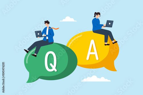Flat illustration of business people work on dialog with question and answer speech bubbles addressing FAQ