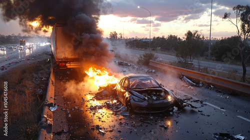 dramatic scene of car accident with burning vehicle and smoke on freeway