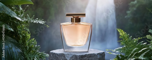 Elegant perfume bottle with soft lighting near a waterfall, green foliage surrounds it.