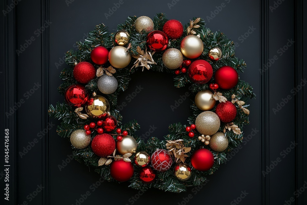 Christmas Wreath Adorned with Red, Gold, and Silver Ornaments Hanging on Front Door Against Black Background. Christmas Wreath Adorned with Red, Gold, and Silver Ornaments Hanging on Front Door Against Black Background.