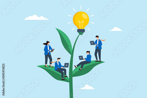 Flat illustration of business people work on growing lightbulb plant representing corporate culture and employee values