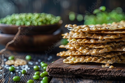 A stack of crispy, thin crackers made with pea flour and sprinkled with salt, sitting on a wooden cutting board. photo