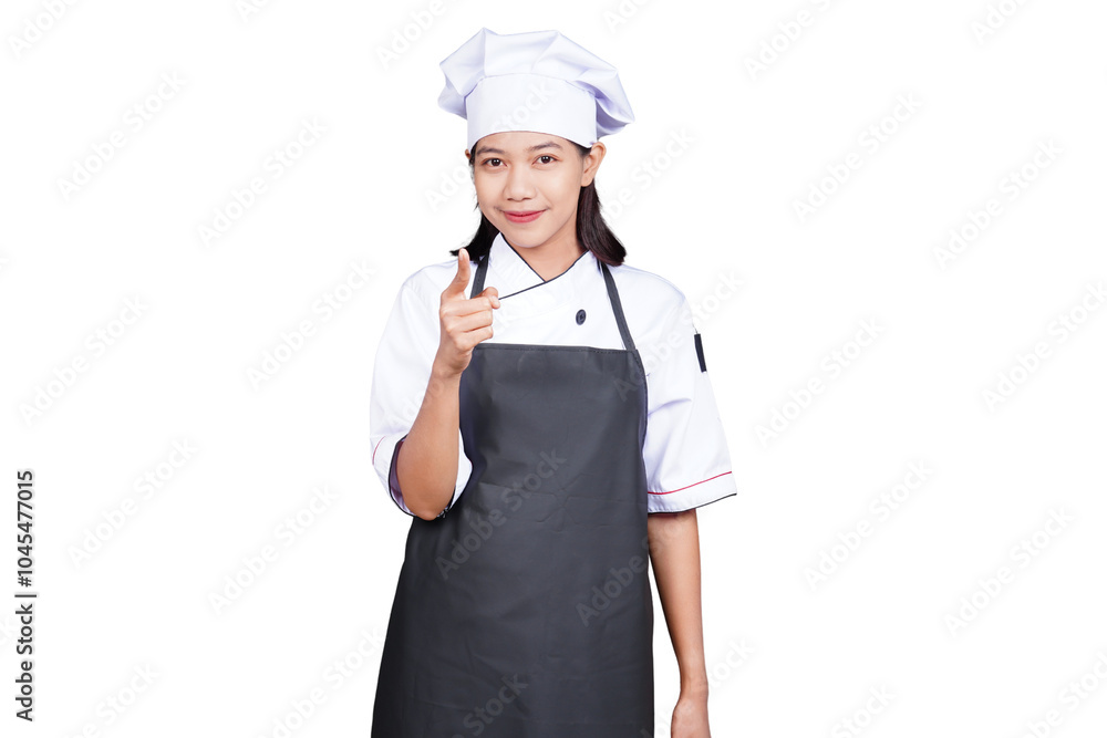 Asian woman chef in uniform pointing isolated transparent Asian woman chef in uniform pointing isolated transparent