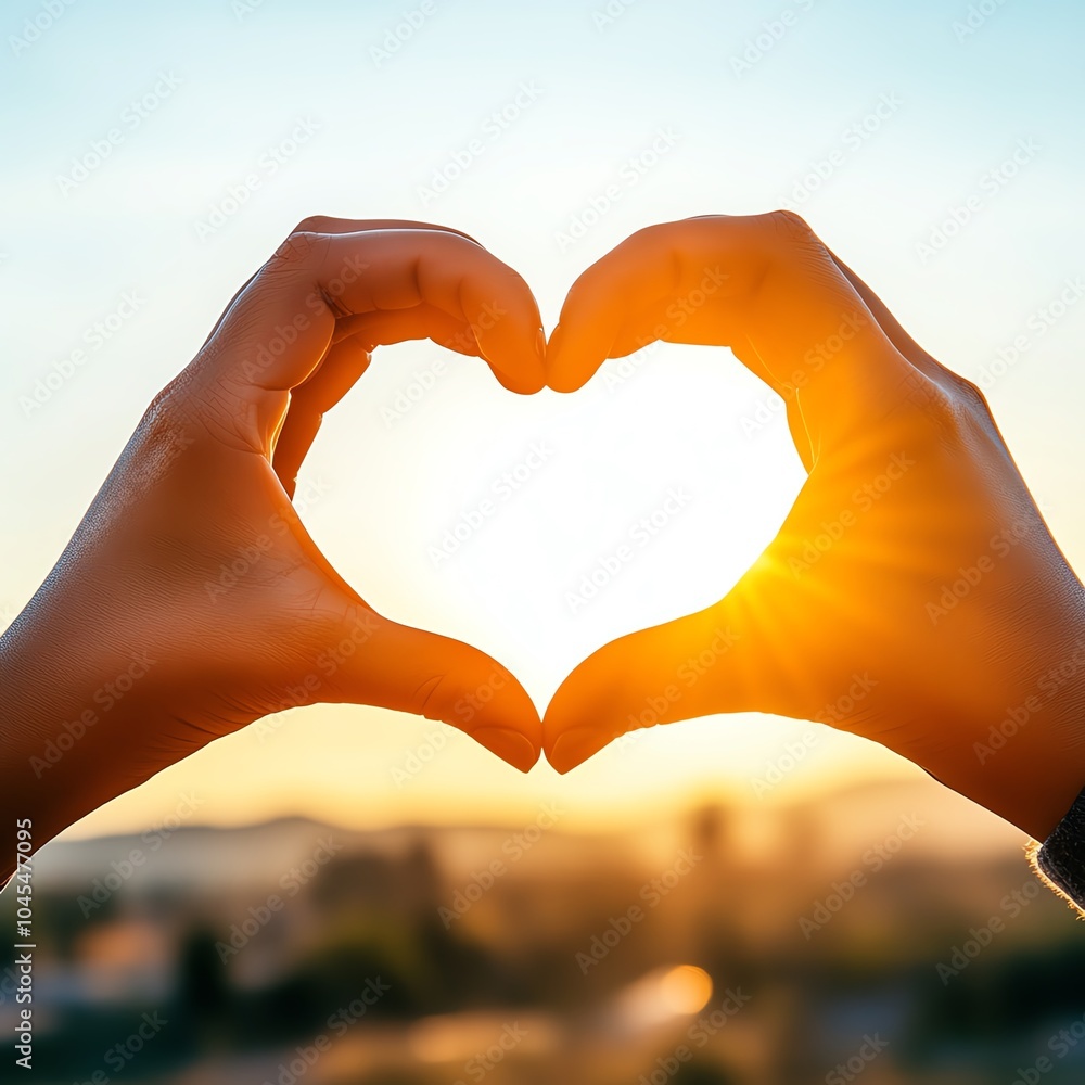 Fototapeta premium A silhouette of two hands forming a heart shape against a glowing sunset, symbolizing love and connection.