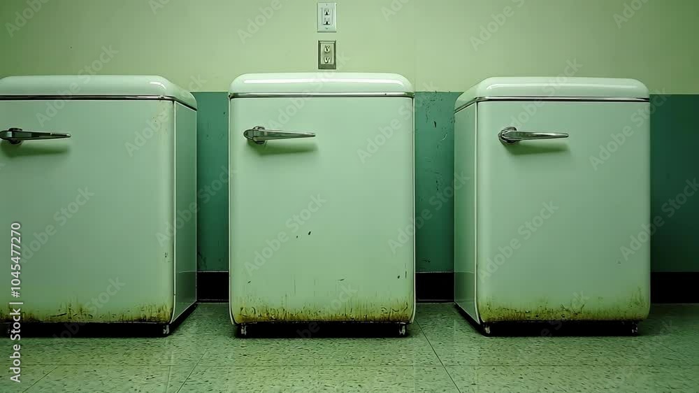 Three white refrigerators with metal handles stand in a row against a green wall Three white refrigerators with metal handles stand in a row against a green wall
