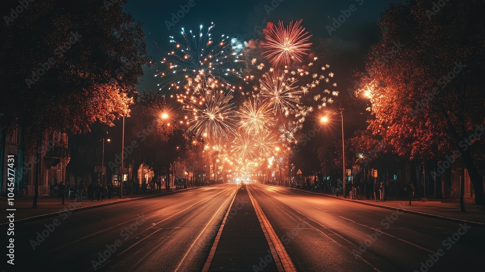 Stunning fireworks in the night sky over a quiet street, celebrating with ample space for text Stunning fireworks in the night sky over a quiet street, celebrating with ample space for text