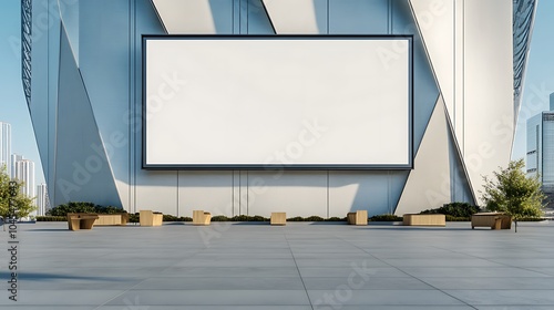 Digital billboard on a futuristic high-rise with metallic panels A blank digital sign is integrated into the side of a futuristic building with metallic silver panels and geometric designs.