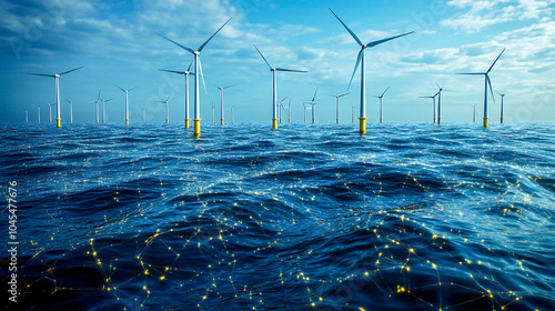 Offshore wind turbine farm generating clean renewable energy with connection network