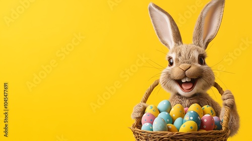 3D happy bunny with easter eggs bucket on yellow background.