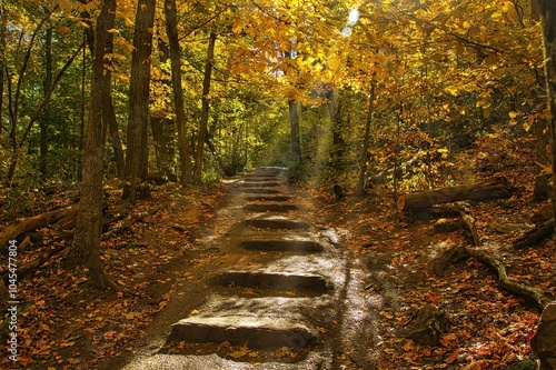 Autumn landscape featuring stone steps going uphill on a hiking trail passing through a colorful forest at Devil’s Lake State Park near Baraboo, Wisconsin. photo