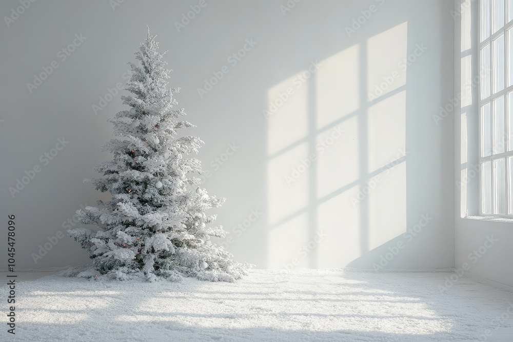 Fototapeta premium Minimalistic Christmas Tree Against White Background in White Room with Christmas and New Year Decor.