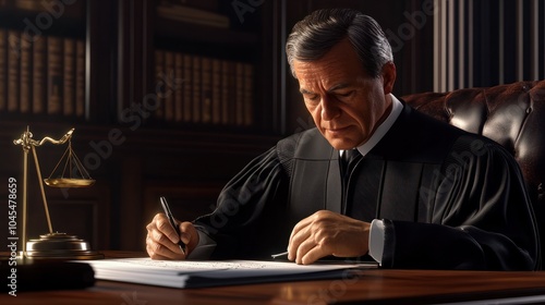 Male Judge Signing Document At Desk photo